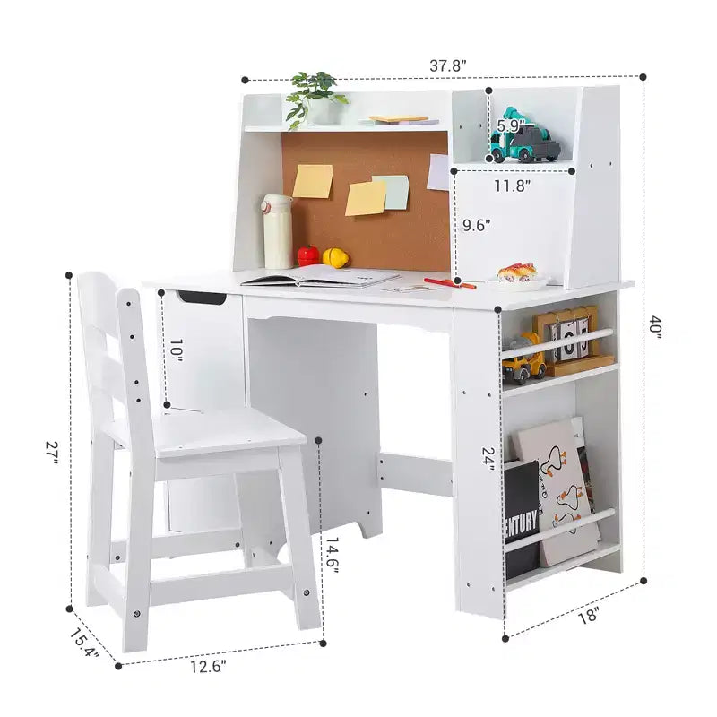 Ensemble Bureau et Chaise pour Enfants COZONY, Table d'Étude en Bois avec Étagère de Rangement et Panneau d'Affichage, Bureau d'Apprentissage et d'Écriture pour Enfant