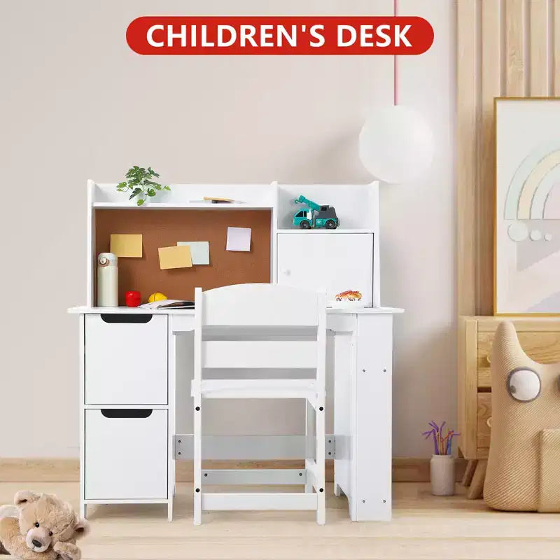 Ensemble Bureau et Chaise pour Enfants COZONY, Table d'Étude en Bois avec Étagère de Rangement et Panneau d'Affichage, Bureau d'Apprentissage et d'Écriture pour Enfant