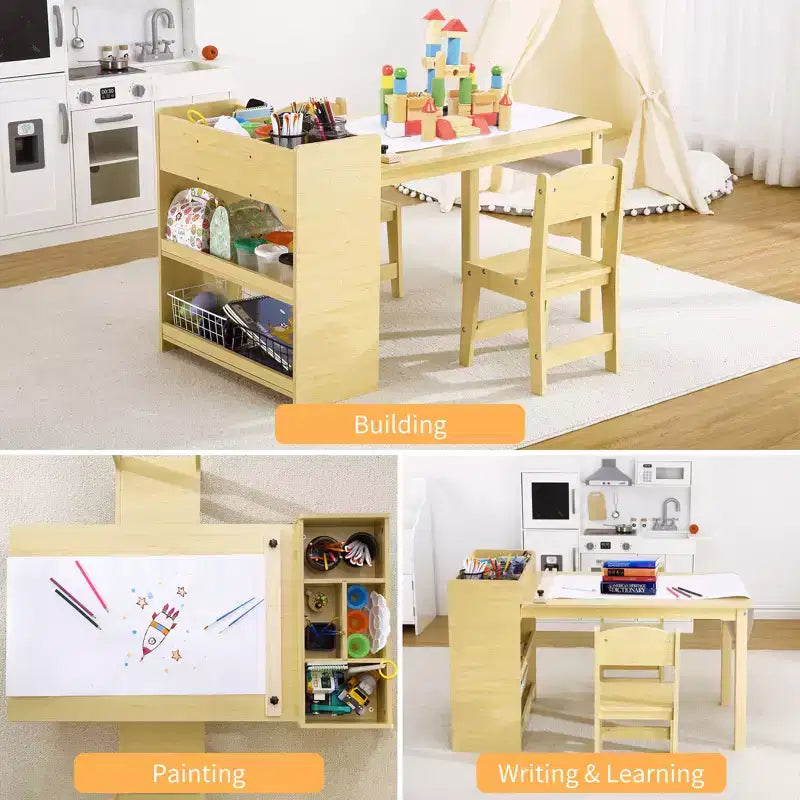 Table d'activités en bois pour enfants, bureau d'art pour enfants, avec rouleau de papier et rangement, 2 chaises, mobilier en bois pour enfants