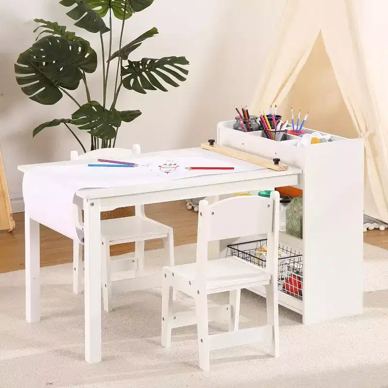 Table d'activités en bois pour enfants, bureau d'art pour enfants, avec rouleau de papier et rangement, 2 chaises, mobilier en bois pour enfants