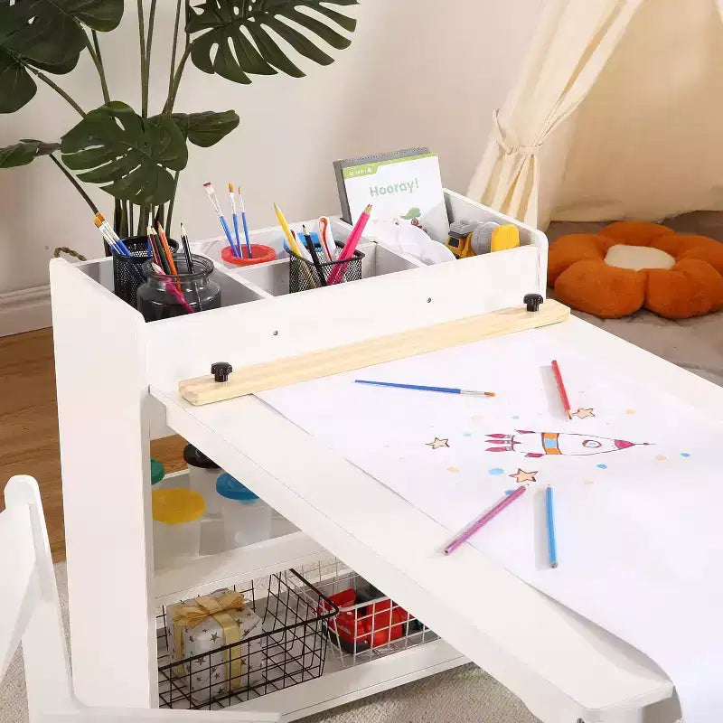Table d'activités en bois pour enfants, bureau d'art pour enfants, avec rouleau de papier et rangement, 2 chaises, mobilier en bois pour enfants