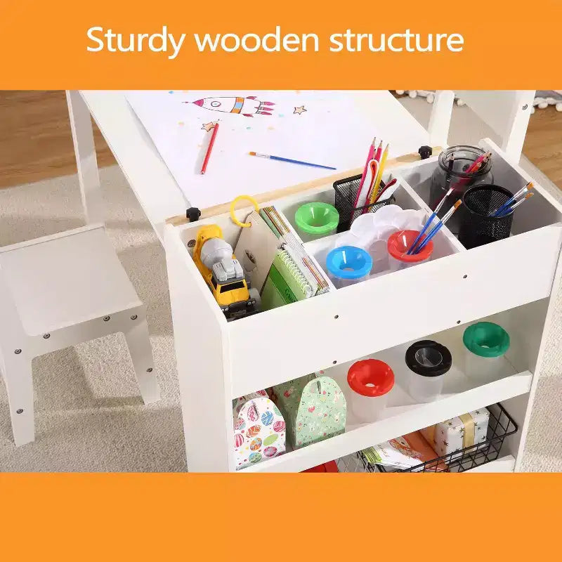 Table d'activités en bois pour enfants, bureau d'art pour enfants, avec rouleau de papier et rangement, 2 chaises, mobilier en bois pour enfants