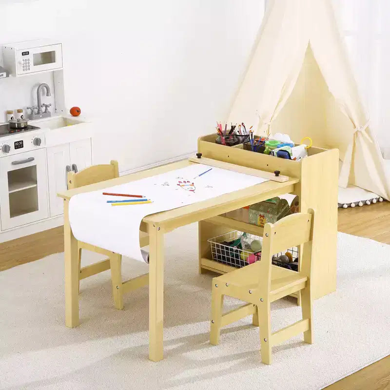 Table d'activités en bois pour enfants, bureau d'art pour enfants, avec rouleau de papier et rangement, 2 chaises, mobilier en bois pour enfants