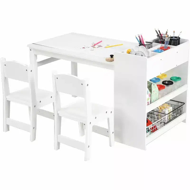 Toddler Craft Play Wood Activity Desk Kids Art Table, with Paper Roller & Storage, 2 Chairs, Children's Wooden Furniture