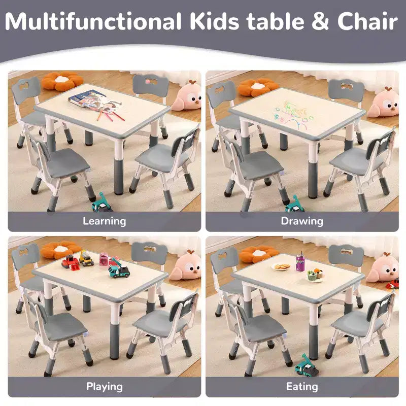 Table et 4 chaises pour enfants, réglables en hauteur, plateau effaçable, ensemble table et chaises multifonctionnel pour la lecture, le dessin, les repas