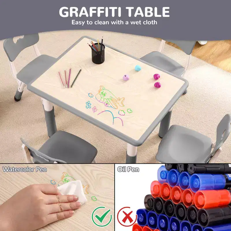 Table et 4 chaises pour enfants, réglables en hauteur, plateau effaçable, ensemble table et chaises multifonctionnel pour la lecture, le dessin, les repas