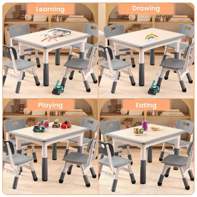 Table et 4 chaises pour enfants, réglables en hauteur, plateau effaçable, ensemble table et chaises multifonctionnel pour la lecture, le dessin, les repas