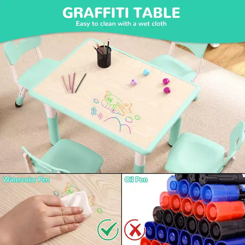 Table et 4 chaises pour enfants, réglables en hauteur, plateau effaçable, ensemble table et chaises multifonctionnel pour la lecture, le dessin, les repas