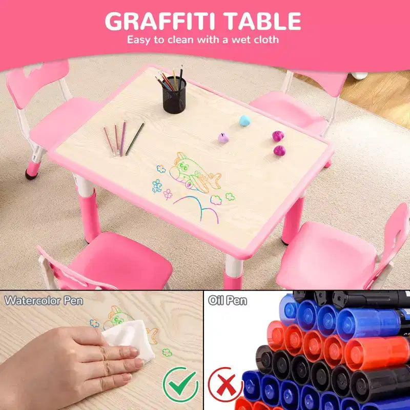 Table et 4 chaises pour enfants, réglables en hauteur, plateau effaçable, ensemble table et chaises multifonctionnel pour la lecture, le dessin, les repas