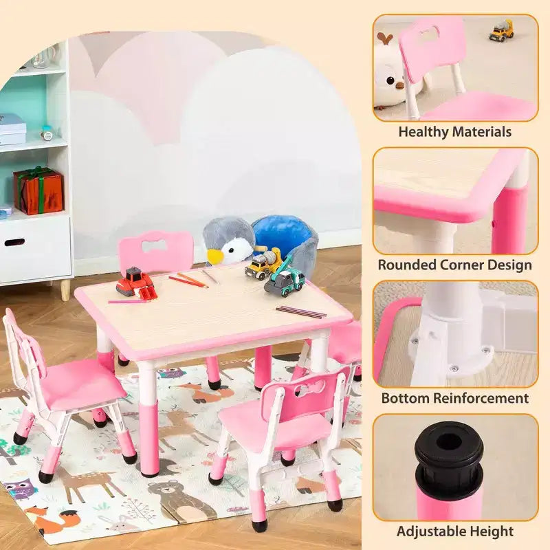 Table et 4 chaises pour enfants, réglables en hauteur, plateau effaçable, ensemble table et chaises multifonctionnel pour la lecture, le dessin, les repas