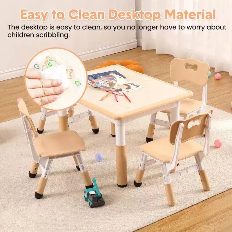 Table et 4 chaises pour enfants, réglables en hauteur, plateau effaçable, ensemble table et chaises multifonctionnel pour la lecture, le dessin, les repas