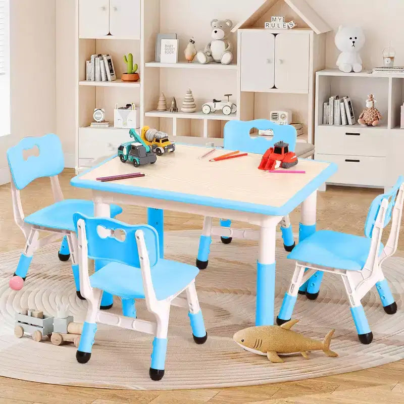 Children's table and 4 chairs, height-adjustable, doodle tabletop, multifunctional children's table and chair set for reading, drawing, dining