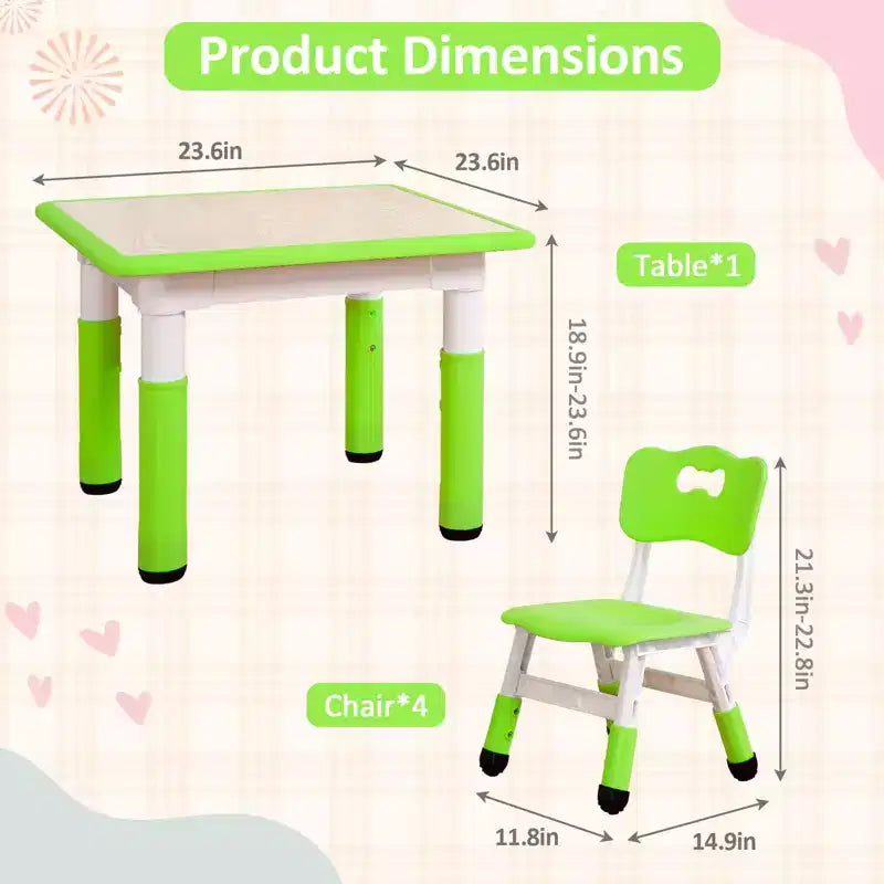 Ensemble table et 4 chaises GustoWave pour enfants, table réglable en hauteur (23") et 4 chaises pour tout-petits avec pieds antidérapants et plateau de bureau anti-graffiti avec organisateur