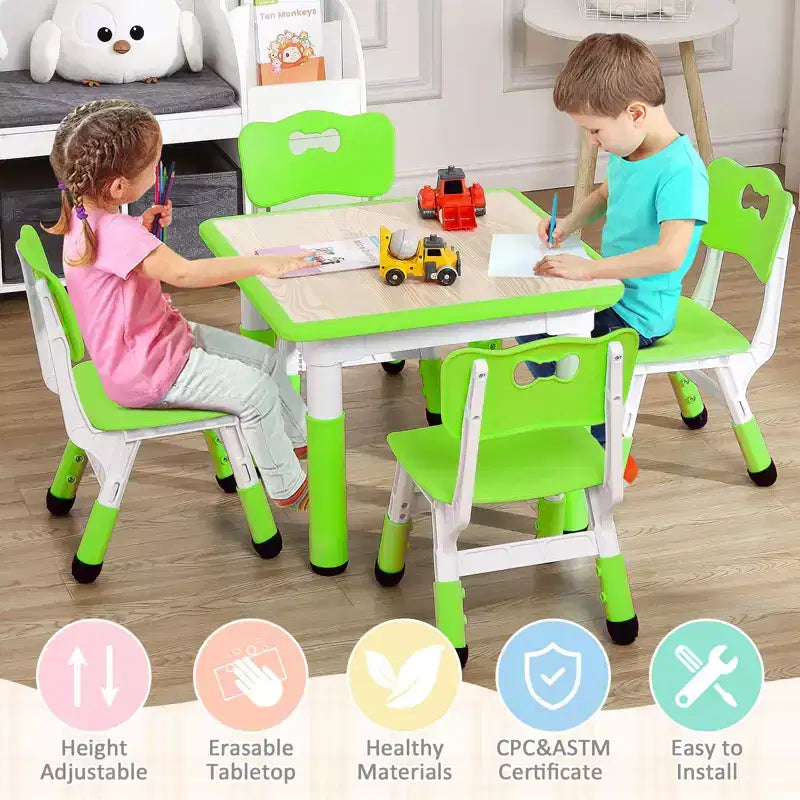 Ensemble table et 4 chaises GustoWave pour enfants, table réglable en hauteur (23") et 4 chaises pour tout-petits avec pieds antidérapants et plateau de bureau anti-graffiti avec organisateur
