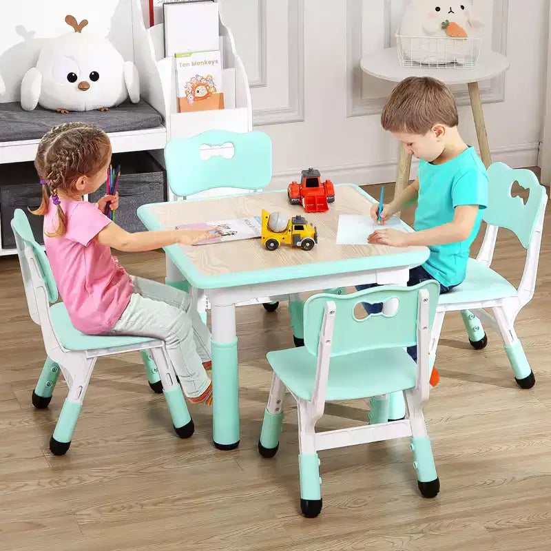 Ensemble table et 4 chaises GustoWave pour enfants, table réglable en hauteur (23") et 4 chaises pour tout-petits avec pieds antidérapants et plateau de bureau anti-graffiti avec organisateur