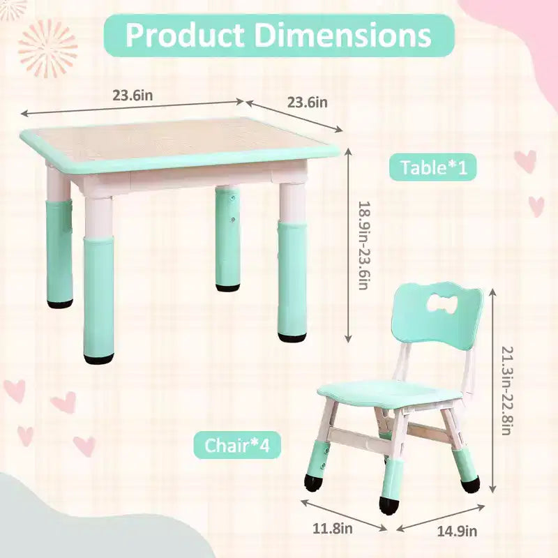 Ensemble table et 4 chaises GustoWave pour enfants, table réglable en hauteur (23") et 4 chaises pour tout-petits avec pieds antidérapants et plateau de bureau anti-graffiti avec organisateur