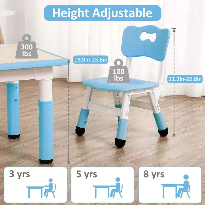 Ensemble table et 4 chaises GustoWave pour enfants, table réglable en hauteur (23") et 4 chaises pour tout-petits avec pieds antidérapants et plateau de bureau anti-graffiti avec organisateur