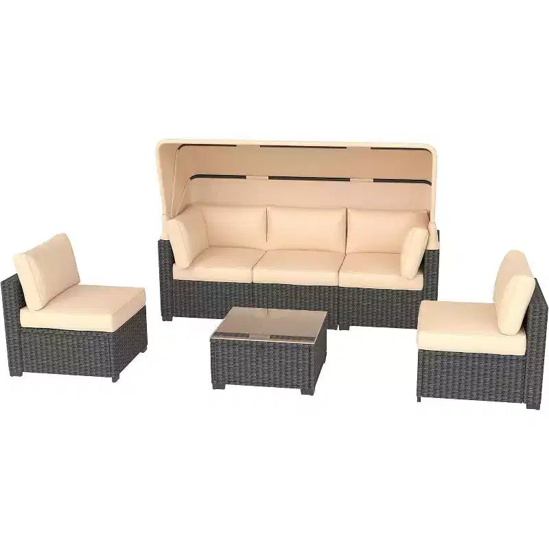Patio Furniture Set, 6pcs Outdoor Rattan Wicker with Retractable Canopy & Soft Cushions, Sectional Sofa & Table with Storage, Beige Cushions