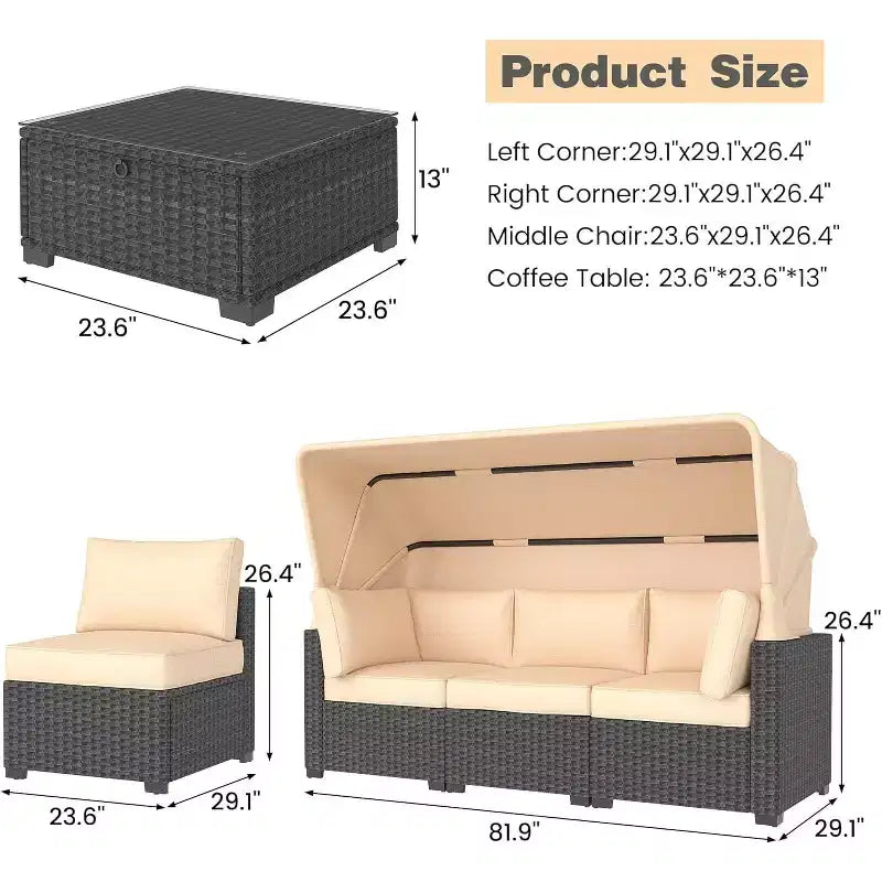 Ensemble de mobilier de patio, 6 pièces en rotin synthétique avec auvent rétractable et coussins moelleux, canapé sectionnel et table de rangement, coussins beiges
