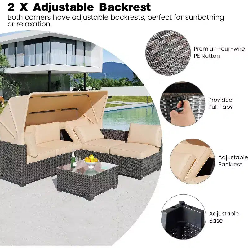 Ensemble de mobilier de patio, 6 pièces en rotin synthétique avec auvent rétractable et coussins moelleux, canapé sectionnel et table de rangement, coussins beiges