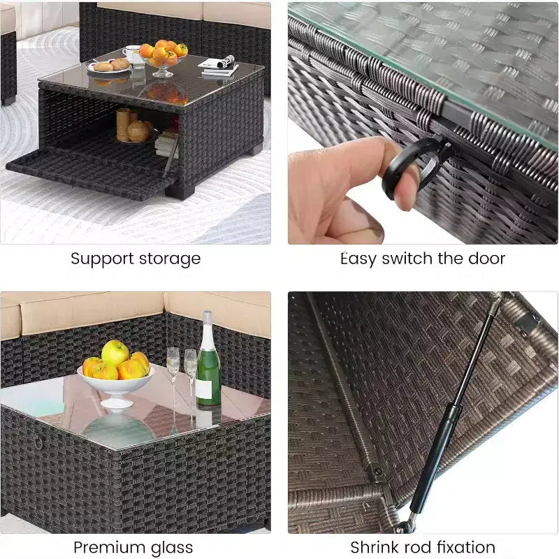 Ensemble de mobilier de patio, 6 pièces en rotin synthétique avec auvent rétractable et coussins moelleux, canapé sectionnel et table de rangement, coussins beiges