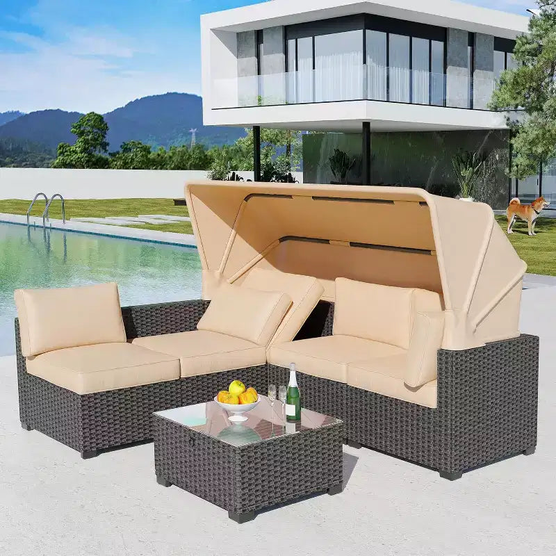 Ensemble de mobilier de patio, 6 pièces en rotin synthétique avec auvent rétractable et coussins moelleux, canapé sectionnel et table de rangement, coussins beiges