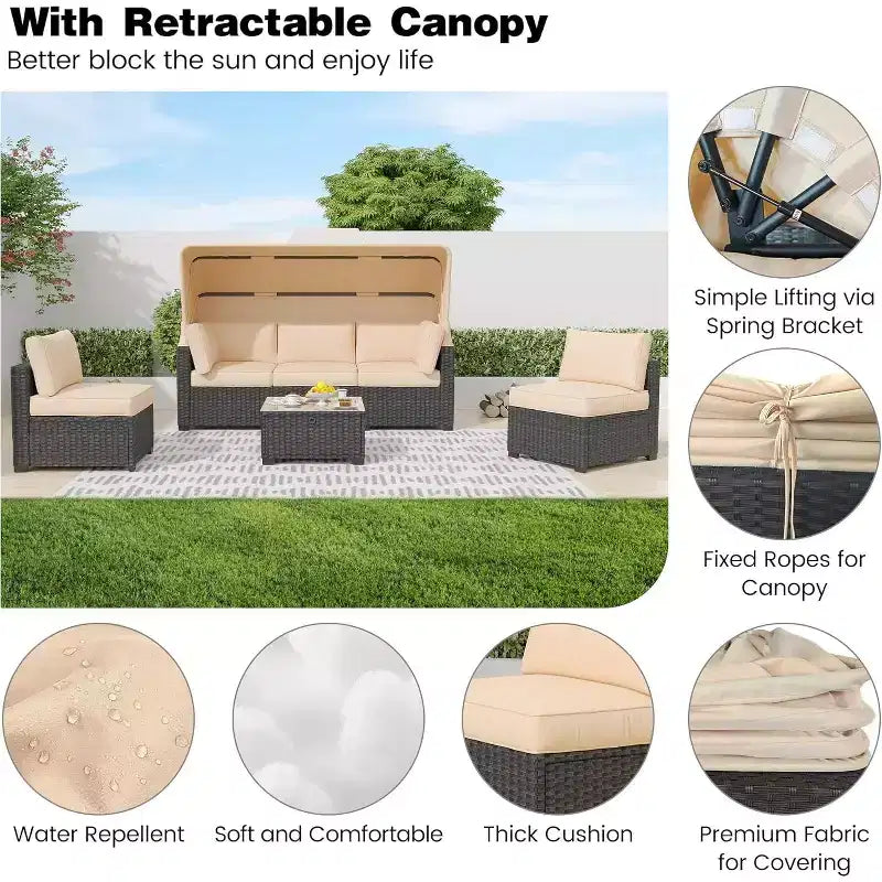 Ensemble de mobilier de patio, 6 pièces en rotin synthétique avec auvent rétractable et coussins moelleux, canapé sectionnel et table de rangement, coussins beiges