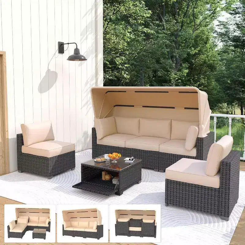 Ensemble de mobilier de patio, 6 pièces en rotin synthétique avec auvent rétractable et coussins moelleux, canapé sectionnel et table de rangement, coussins beiges