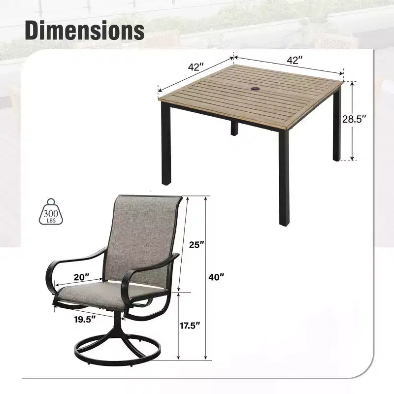 Captiva Designs Ensemble de salle à manger d'extérieur 5 pièces avec table carrée en acier et chaises pivotantes en métal avec toile textile