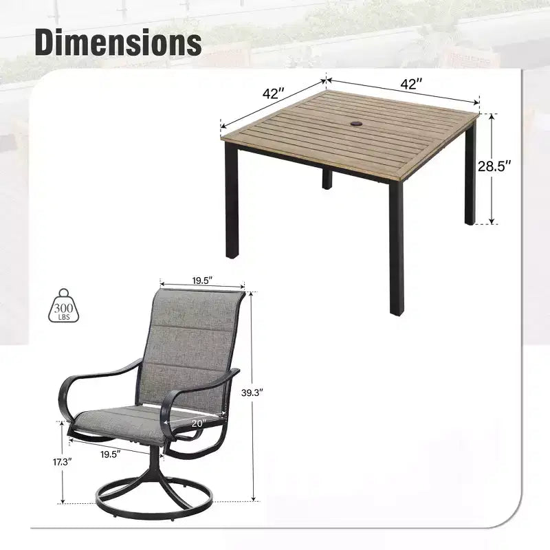 Captiva Designs Ensemble de salle à manger d'extérieur 5 pièces avec table carrée en acier et chaises pivotantes en métal avec toile textile