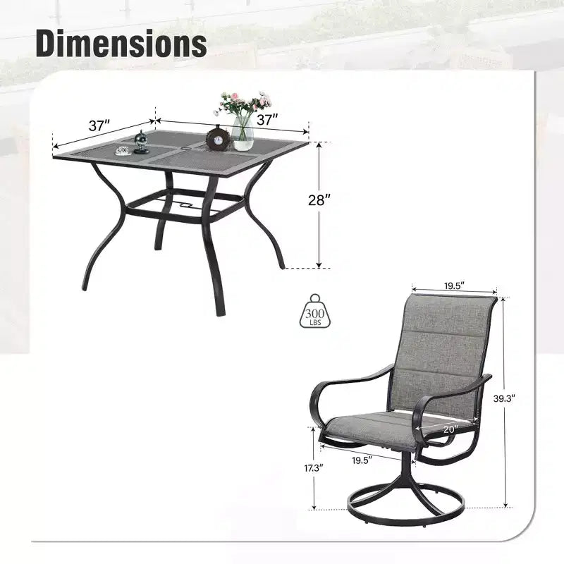 Captiva Designs Ensemble de salle à manger d'extérieur 5 pièces avec table carrée en acier et chaises pivotantes en métal avec toile textile