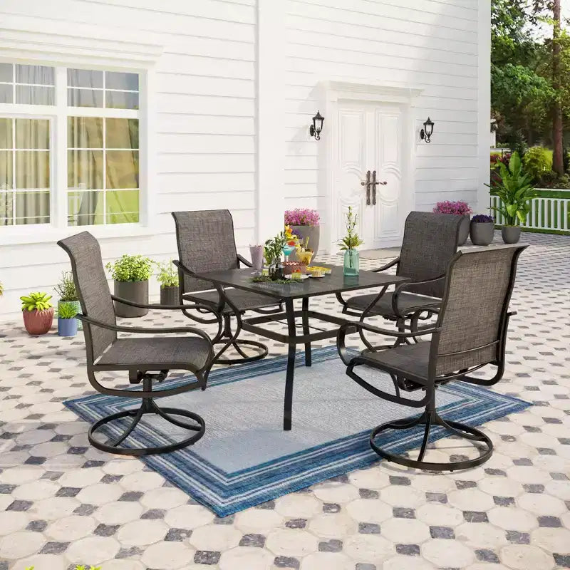 Captiva Designs Ensemble de salle à manger d'extérieur 5 pièces avec table carrée en acier et chaises pivotantes en métal avec toile textile