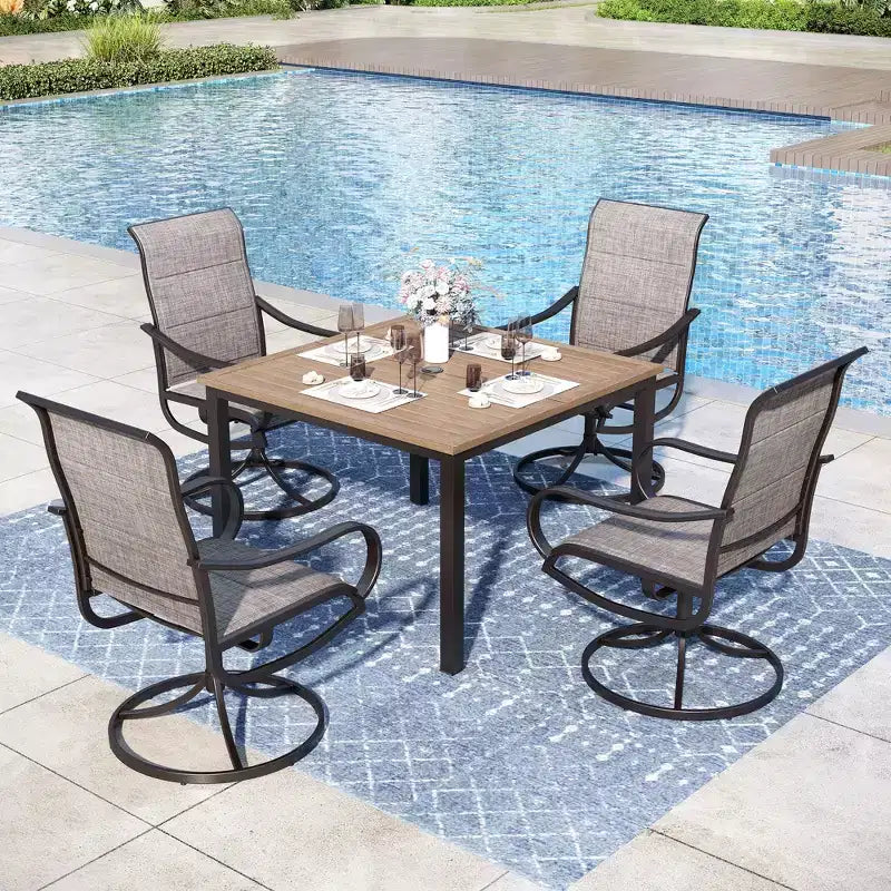 Captiva Designs Ensemble de salle à manger d'extérieur 5 pièces avec table carrée en acier et chaises pivotantes en métal avec toile textile