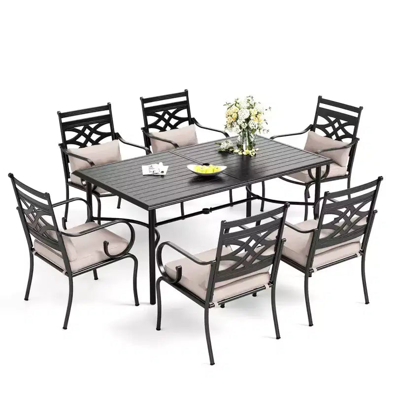 Captiva Designs – Ensemble de salle à manger 7 pièces pour patio avec table à plateau à lattes en acier et chaises en métal avec coussins d'assise et oreillers lombaires