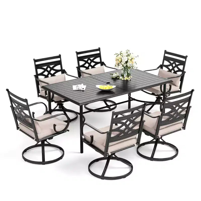 Captiva Designs – Ensemble de salle à manger 7 pièces pour patio avec table à plateau à lattes en acier et chaises en métal avec coussins d'assise et oreillers lombaires