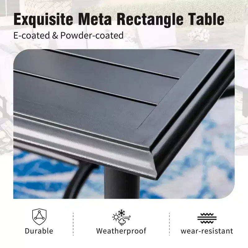 Captiva Designs – Ensemble de salle à manger 7 pièces pour patio avec table à plateau à lattes en acier et chaises en métal avec coussins d'assise et oreillers lombaires