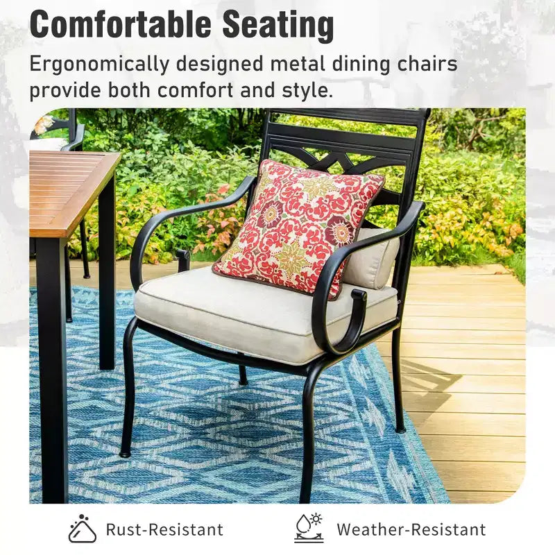 Captiva Designs – Ensemble de salle à manger 7 pièces pour patio avec table à plateau à lattes en acier et chaises en métal avec coussins d'assise et oreillers lombaires