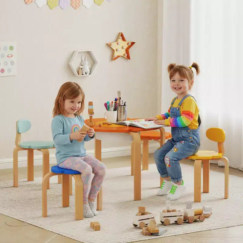 Ensemble de 5 pièces de table et de chaises Qaba pour enfants, ensemble de table et de chaises pour tout-petits en forme de fleur avec rangement intégré, pour le dessin, la lecture et les activités artistiques et créatives.