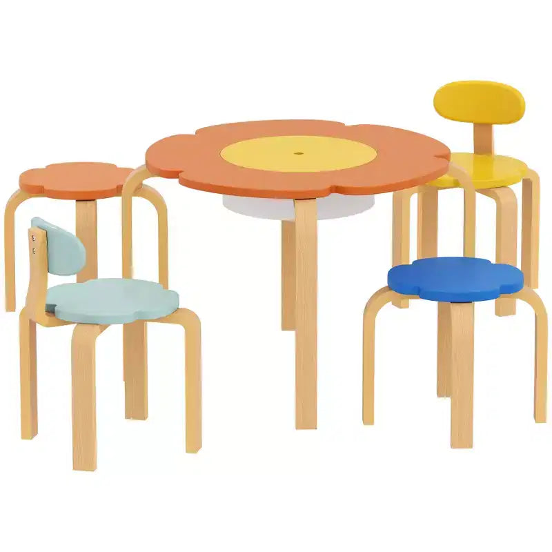 Ensemble de 5 pièces de table et de chaises Qaba pour enfants, ensemble de table et de chaises pour tout-petits en forme de fleur avec rangement intégré, pour le dessin, la lecture et les activités artistiques et créatives.