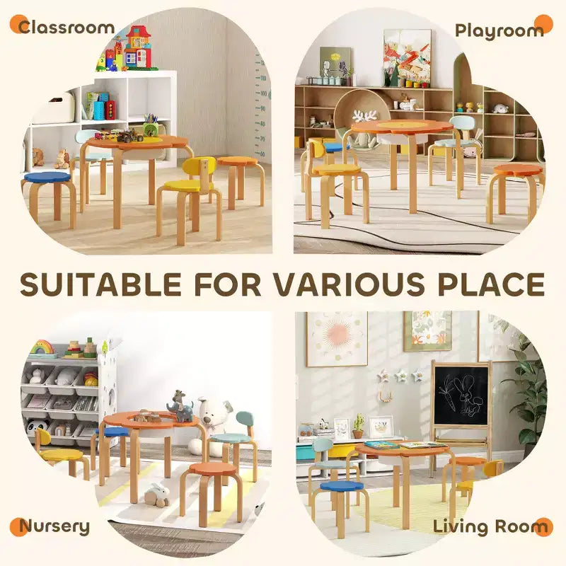 Ensemble de 5 pièces de table et de chaises Qaba pour enfants, ensemble de table et de chaises pour tout-petits en forme de fleur avec rangement intégré, pour le dessin, la lecture et les activités artistiques et créatives.