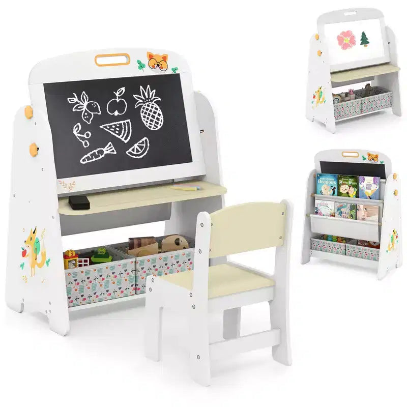 Costway 4-in-1 Kids Table & Chair Set with Magnetic Whiteboard & Blackboard Storage Shelf Natural/Gray