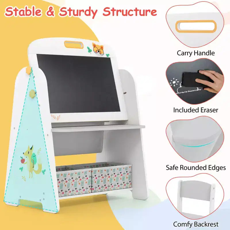 Costway Ensemble table et chaises 4 en 1 pour enfants avec tableau blanc magnétique et étagère de rangement noire, naturel/gris