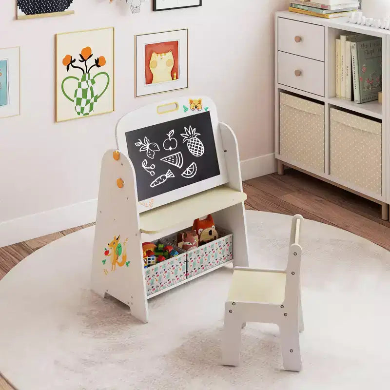 Costway Ensemble table et chaises 4 en 1 pour enfants avec tableau blanc magnétique et étagère de rangement noire, naturel/gris