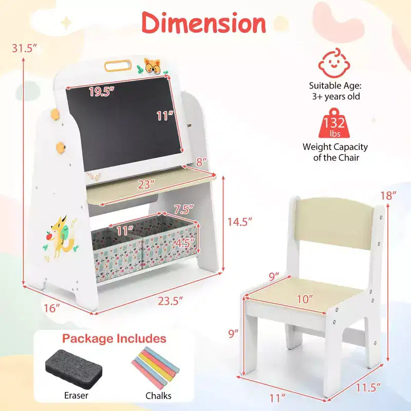 Costway Ensemble table et chaises 4 en 1 pour enfants avec tableau blanc magnétique et étagère de rangement noire, naturel/gris