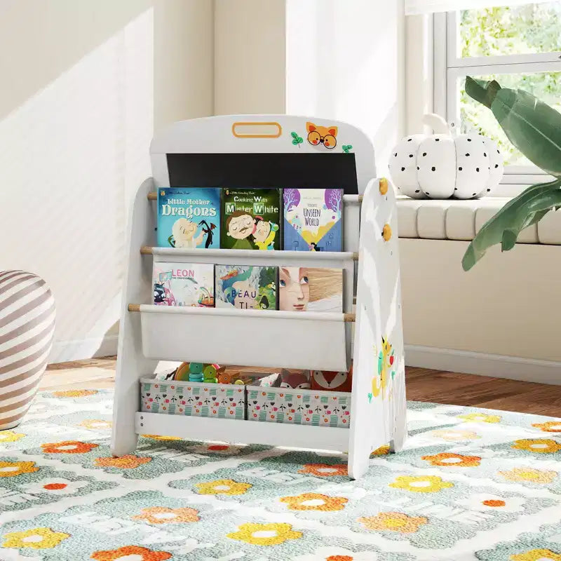 Costway Ensemble table et chaises 4 en 1 pour enfants avec tableau blanc magnétique et étagère de rangement noire, naturel/gris