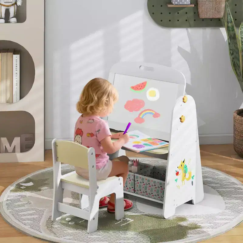 Costway Ensemble table et chaises 4 en 1 pour enfants avec tableau blanc magnétique et étagère de rangement noire, naturel/gris