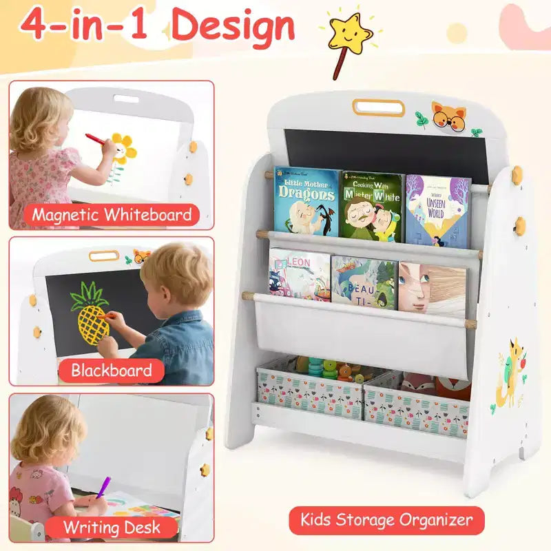 Costway Ensemble table et chaises 4 en 1 pour enfants avec tableau blanc magnétique et étagère de rangement noire, naturel/gris