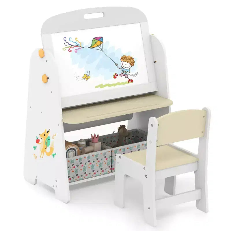 Costway Ensemble table et chaises 4 en 1 pour enfants avec tableau blanc magnétique et étagère de rangement noire, naturel/gris