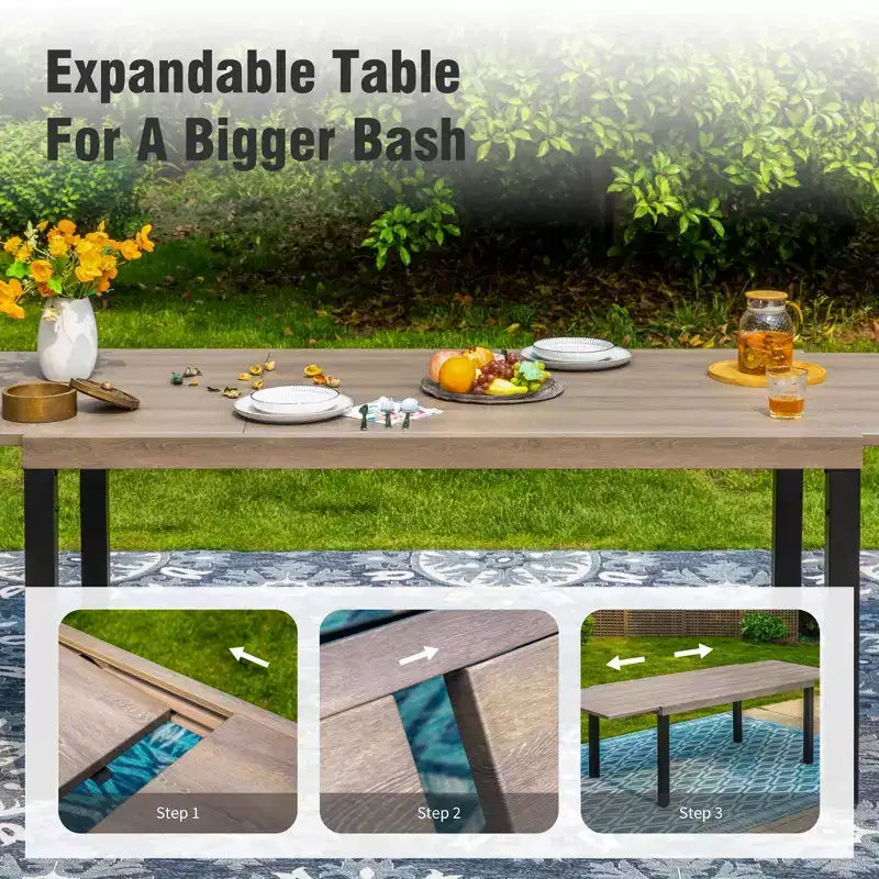 Captiva Designs - Table à manger extensible en acier 7 pièces et chaises en rotin avec accoudoirs en croissant pour l'extérieur