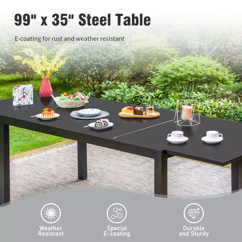 Captiva Designs - Table à manger extensible en acier 7 pièces et chaises en rotin avec accoudoirs en croissant pour l'extérieur